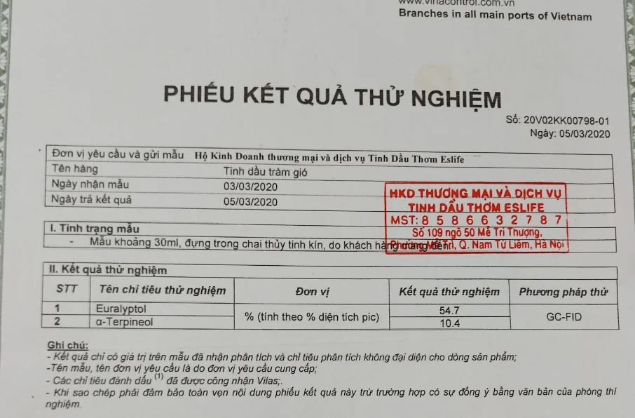 Bảng test thành phần Euralyptol và α-Terpineol của tinh dầu tràm Bảng test thành phần Euralyptol và α-Terpineol của tinh dầu tràm