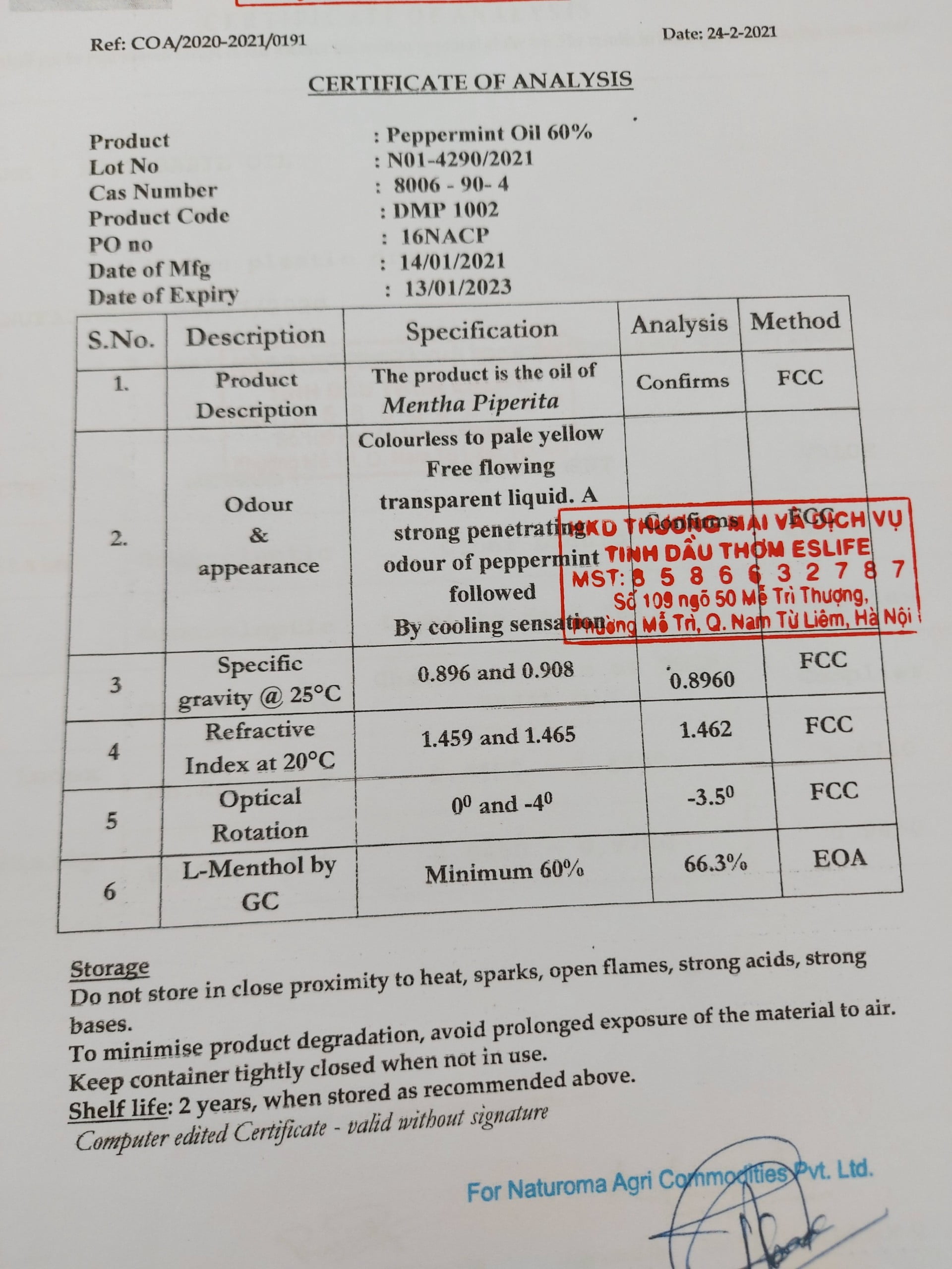 Phiếu kết quả thử nghiệm tinh dầu bạc hà 66% methol ( test tinh dầu) ( coa ) Certificate of Analysis peppermint oil