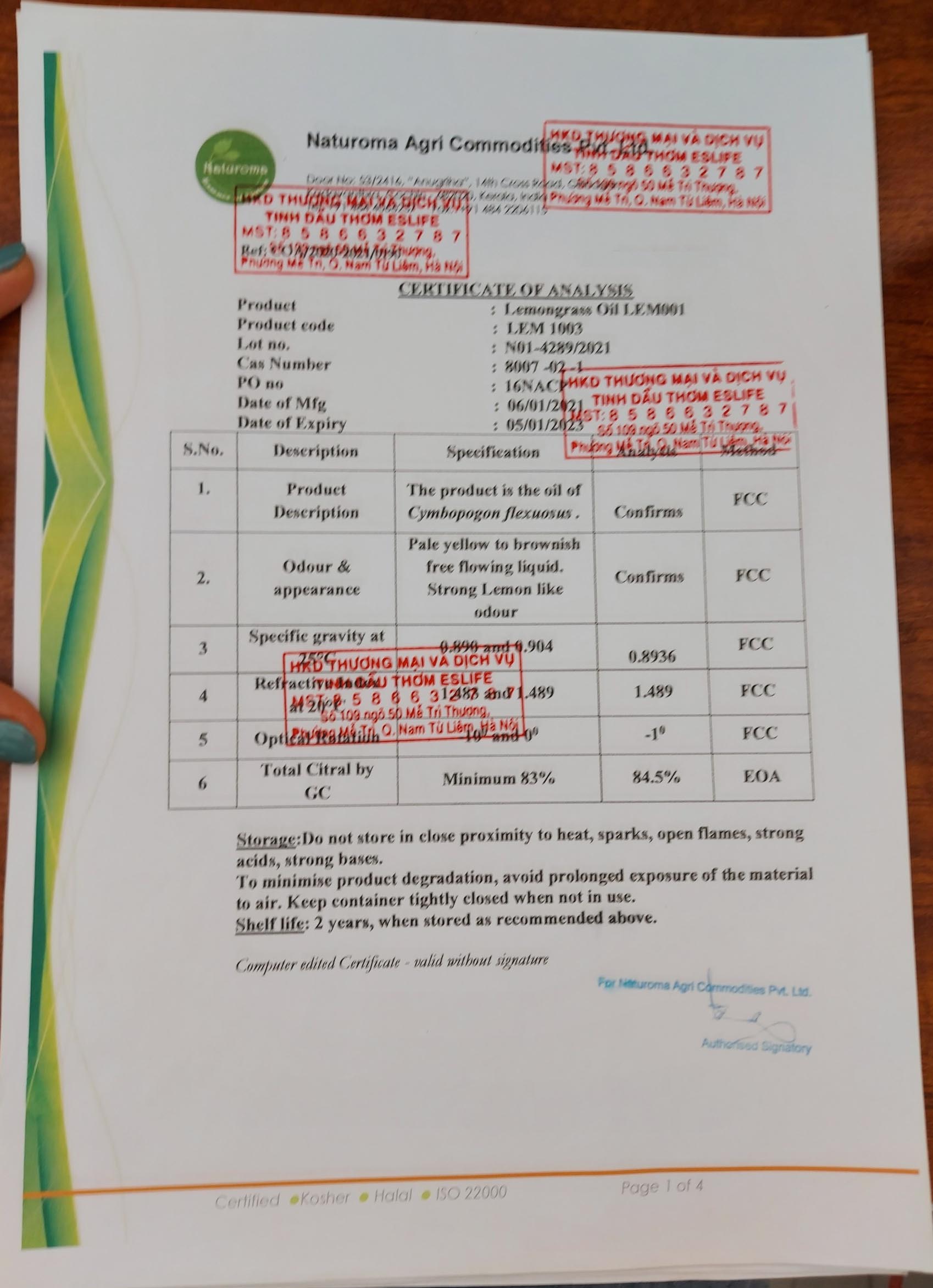 Phiếu kết quả thử nghiệm tinh dầu sả chanh ( test tinh dầu) ( coa ) Certificate of Analysis  Lemon Grass oil