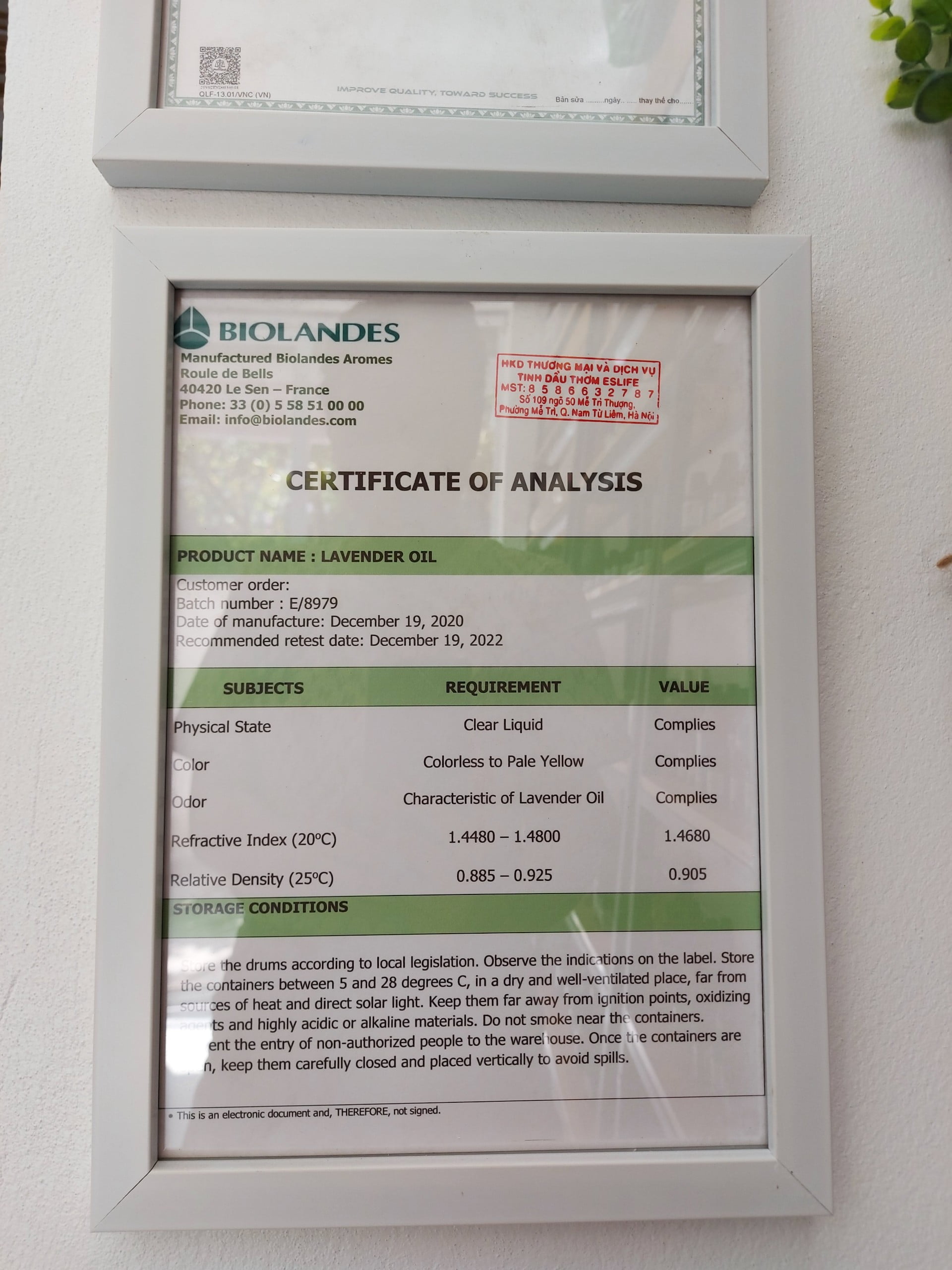 Phiếu kết quả thử nghiệm tinh dầu oải hương ( COA tinh dầu ỏai hương) ( coa ) Certificate of Analysis Lavender oil